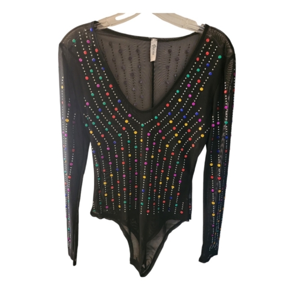 NWOT Sheer Mesh Black Rainbow Gem Rhinestone Long Sleeve Bodysuit Size Medium - Picture 2 of 4